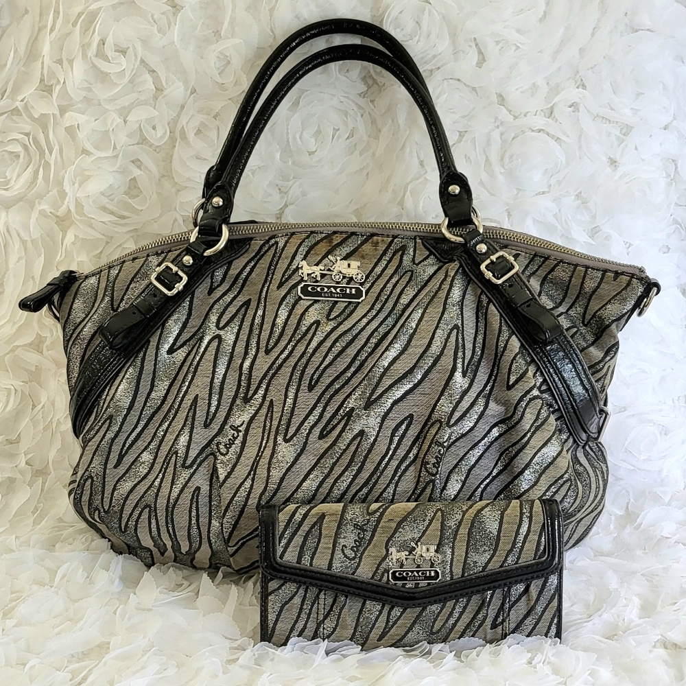Coach Madison Silver Zebra Purse and Wallet Set